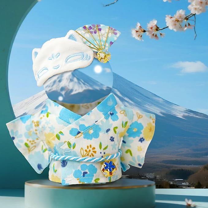 17cm Doll-Clothes-Set,Outfit Accessories Kimono Set for 6.7inch Dolls Boys, Kawaii Chic Designer Style Fan Pattern Hairbow+Blue Clothing Pajamas+Cute Mask for Halloween(NO Doll)