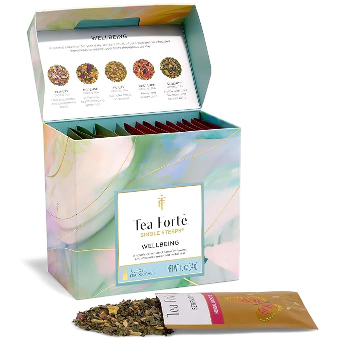 Tea Forte Single Steeps Loose Leaf Tea Sampler, Assorted Variety Tea Box, 15 Single Serve Pouches, Wellbeing