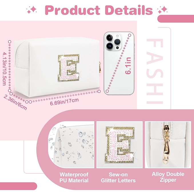 Small Initial Patch Makeup Bag Personalized Gifts Make Up Bag,White Cute PU Leather Glitter Letter Cosmetic Bag with Zipper,Trendy Portable Travel Toiletry Pouch,Preppy Stuff for Teen Girls Women E