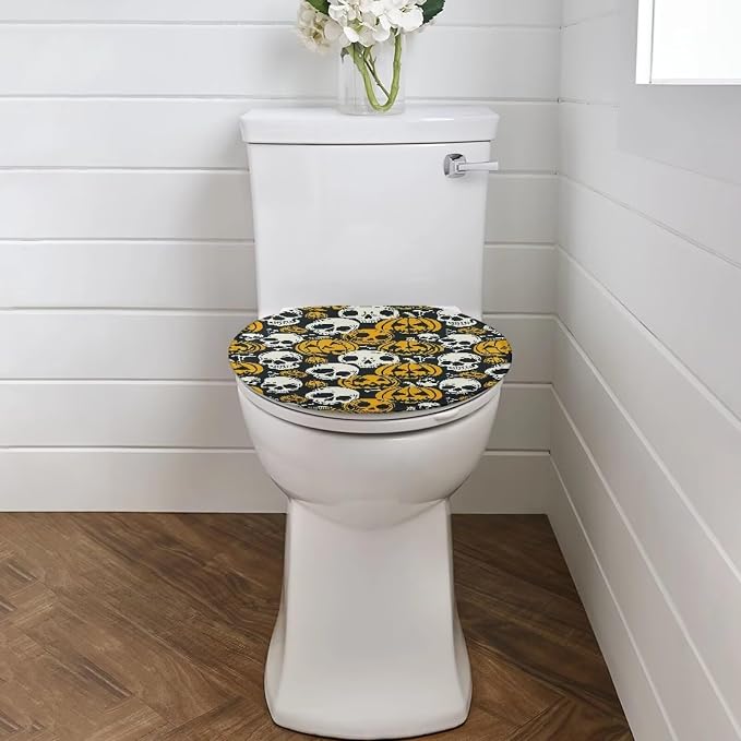 Toilet Seat Cover, Machine Washable Reusable Toilet Seat Cover, Suitable for Most Round, Elongated and Oblong Toilet Lid Cover-Halloween Skull Pumpkins