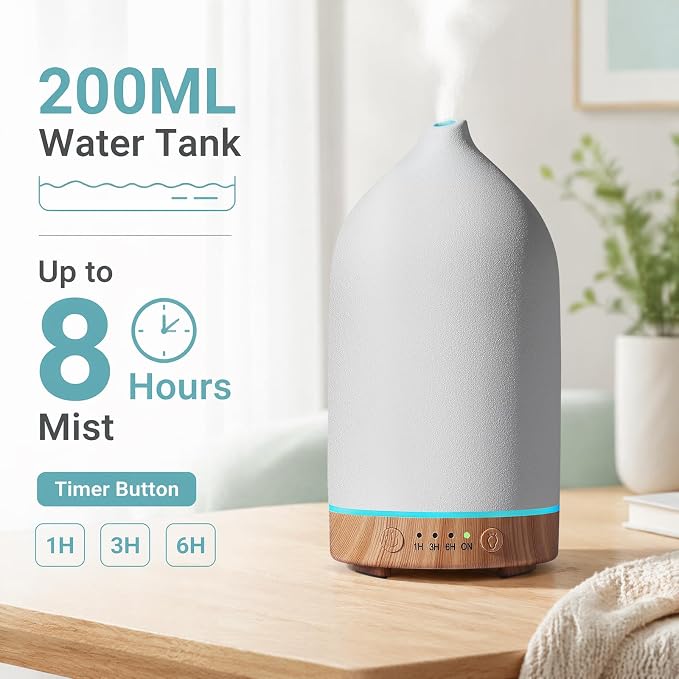 Gooamp 200ML Ceramic Essential Oil Diffuser (Set of 2) - Ultrasonic Aromatherapy & Humidifier with 7-Color LED Lights, Auto Shut-Off, Wood Grain Base, 1H/3H/6H Timer | Scent for Home, Office, Yoga
