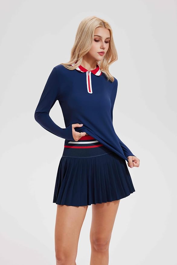 Tennis Skirt Sets for Women Zipper Color Block High Waisted Golf Polo Two Piece Skirt Set Women 2 Piece Outfits