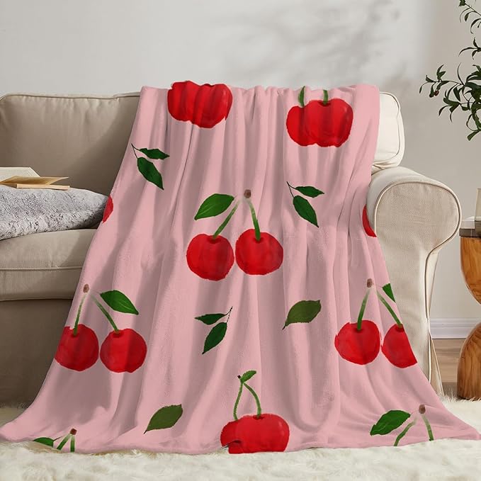 NEWCOSPLAY Throw Blanket Cute Soft Aesthetic Fleece Blanket for Kids Girls Boys Teens Cozy Blanket for Bed Couch Camping (Cherry, Throw(50"x60"))