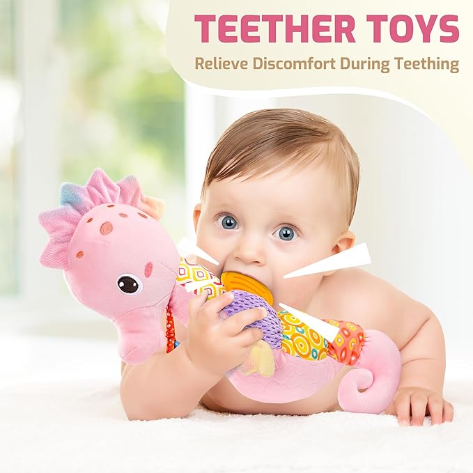 Sumobaby Infant Baby Musical Stuffed Animal Activity Soft Toys with Multi-Sensory Crinkle, Rattle and Textures, for Tummy Time Newborn 0-3-6-12 Months Girls,Seahorses, Pink