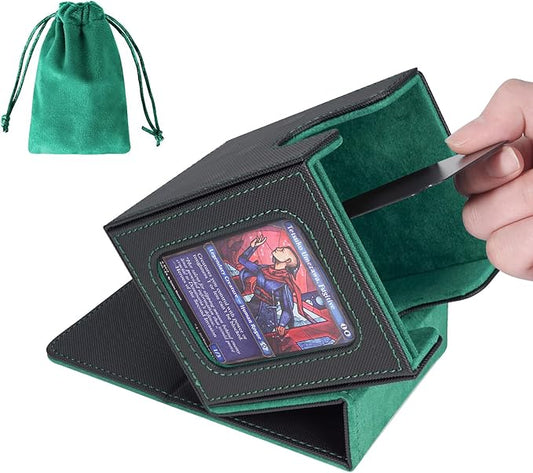 AFIING MTG Deck Box for Commander Display,Card Deck Box Fits 100 Double Sleeved Cards,Magic Commander TCG Card Storage Box with 2 Dividers,Dice Bag and Toploader Black Green