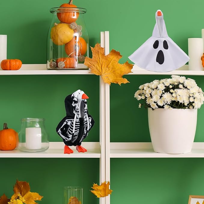 2 Pcs Halloween Desk Goose Outfits 7 Inches, Mini Desk Goose Clothes Skull Hoodie Ghost Hoodie 7 Inch Porch Goose Costume Desktop Goose Accessories for Magnetic Goose Statue Table Decor