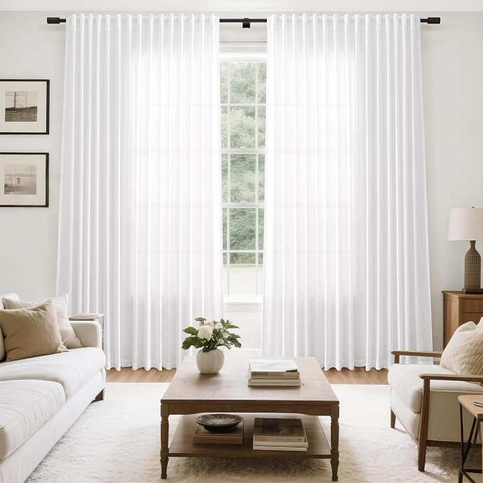 Extra Wide Linen Curtains for Living Room 120 Inch Length for Room Divider White Rustic Farmhouse Curtain Back Tab Rod Pocket Semi Sheer Floor to Ceiling Curtains for Sliding Door 100x120,2 Panles