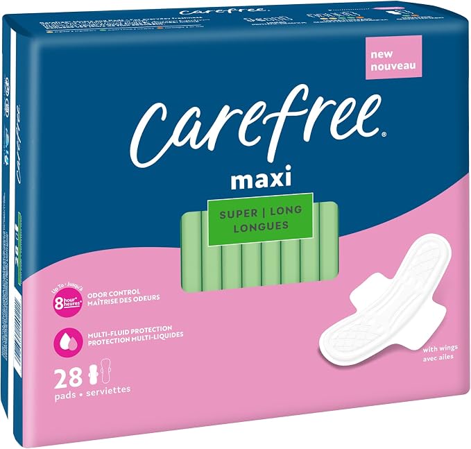 Carefree Maxi Pads for Women, Super/Long Pads with Wings, 28ct | Carefree Pads, Feminine Care, Period Pads & Postpartum Pads | 28ct (Pack of 1)