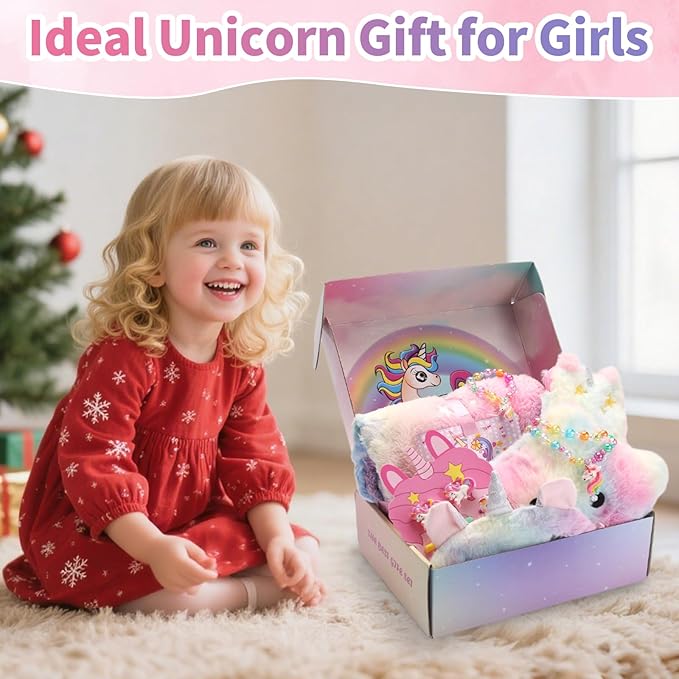 Unicorn Gifts for Girls Age 3 4 5 6 7 8 Years Old, Unicorn Toys for Girls with Glow in The Dark Blanket Light Up Star Pillow Eye Mask Crossbody Bag, Birthday Gifts for Daughter Niece