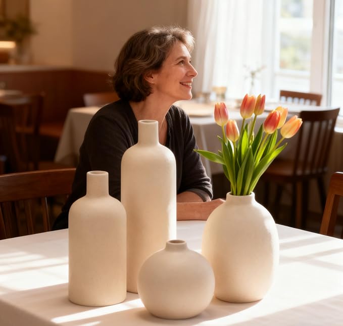 Ceramic Vase Set of 4, Classic Beige White Matte Vases Home Decorations for Table Shelf Office Centerpieces Decor