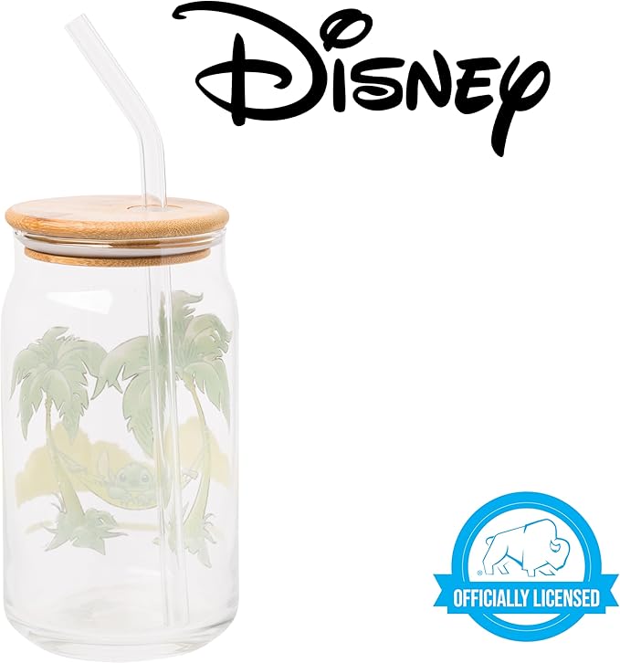 Silver Buffalo Disney Lilo and Stitch Relaxing Chilling in Hammock Island Glass Jar Tumbler with Bamboo Lid and Glass Straw, 16 Ounces (Pack of 12)