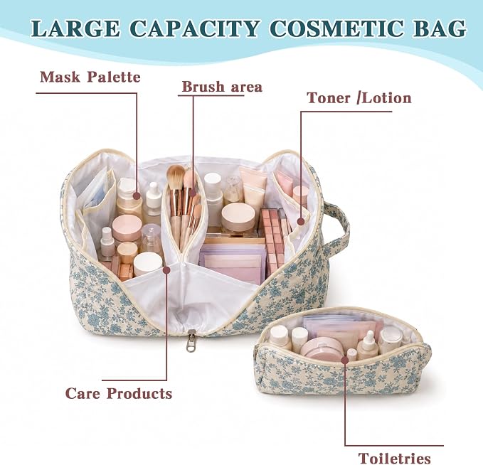 Travel Makeup Bag for Women,Large Capacity Quilted Cosmetic bag， 2PCS Make up Bag Set Open Flat Toiletry Bag for Skincare, Brushes & Travel Essentials (Blue2)