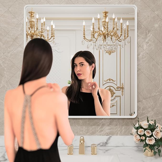 LOAAO 38x38 Inch White Metal Framed Bathroom Mirror | Rounded Rectangle, Anti-Rust, Tempered Glass, Hangs Horizontally or Vertically
