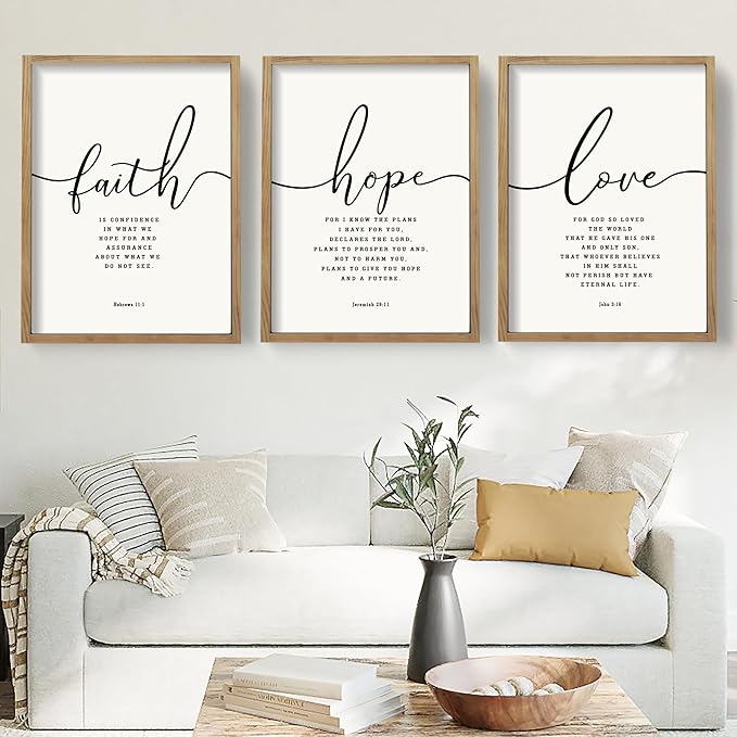 Houmury Set of 3 Framed Farmhouse Bible Verses Wall Decor Sign 11”x14” Christian Faith Scripture Wall Art for Home Bedroom Wall Decor (11"x14" Brown)