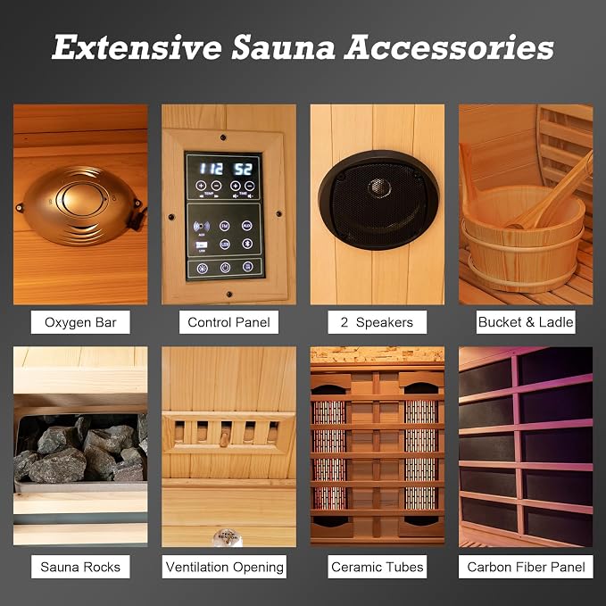Infrared & Steam Dual-System Sauna Room for 4-6 Person, Wood Hybrid Home Sauna with Heater, Indoor Traditional Saunas Spa with Heaters & Sauna Stove, Speaker, Oxygen Bar, Bucket
