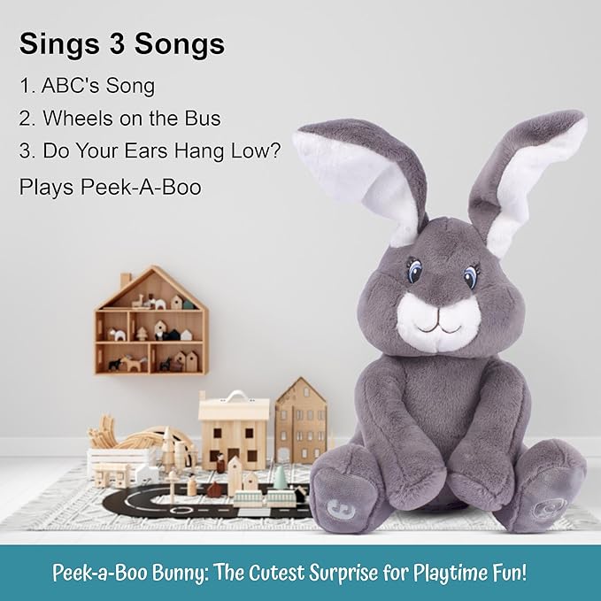 Dimple Bunny Set - Milo Stuffed Bunny Toy, Animated Interactive Rabbit with Peek-a-Boo Feature with Singing Songs and Grey Plush Baby Rabbit, Perfect Baby Plush Toy Gift for Ages 0 an Up