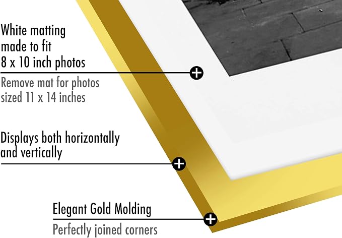Americanflat 11x14 Picture Frame with Polished Crystal-Clear Glass - Use as 8x10 Frame with Mat or Display 11x14 Photo Without Mat - Signature Collection - Picture Frames for Wall Display - Gold | Hangs vertical or horizontal, sawtooth hangers included...