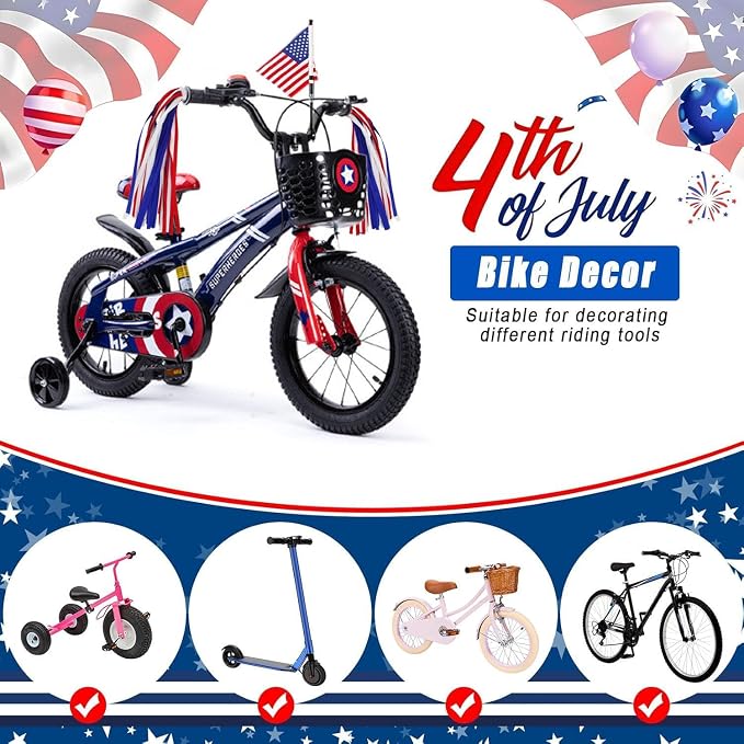 PLATT Kids Bicycle Streamers & Bike Handlebar American Flag Set, 4th of July Patriotic Bicycle Decoration for Girls Boys Bike Scooter, Independence Day Kids Bike Parade (Blue&Red&White)