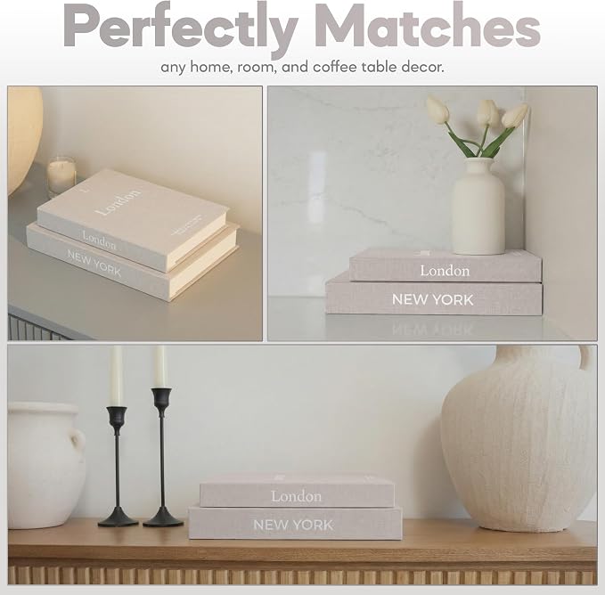 Faux Book Storage Box Set of 2—Beige/Beige—Decorative Faux Books with Hidden Storage for Coffee Table Decor, Bookshelf or Mantle—Linen Decorative Boxes—Aesthetic Book Decor for Home
