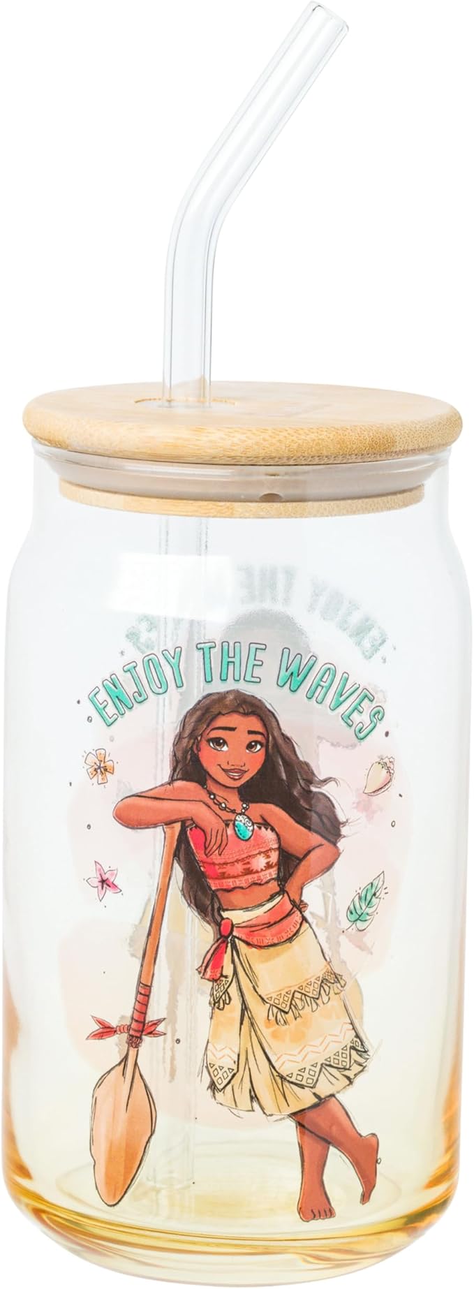 Silver Buffalo Disney Moana “Enjoy The Waves” Glass Tumbler with Bamboo Lid and Glass Straw, 16 Ounces