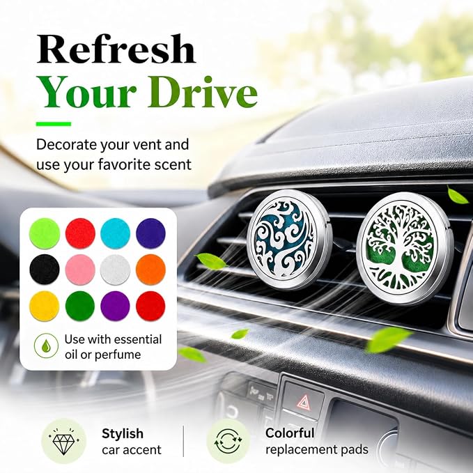 2 Pack Car Vent Essential Oil Diffuser Clips, Silver Tree of Life Air Freshener Vent Clips with 30 Colorful Felt Pads, Reusable Metal Car Aroma Diffuser for Essential Oils, Perfume