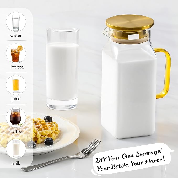 40 oz,1.2Liter Square Glass Pitcher with Lid and Spout, Water Pitchers with Handle for Fridge, Borosilicate Glass Carafe for Hot/Cold Drink, Large Jug for Iced Tea, Coffee, Beverage, Cold