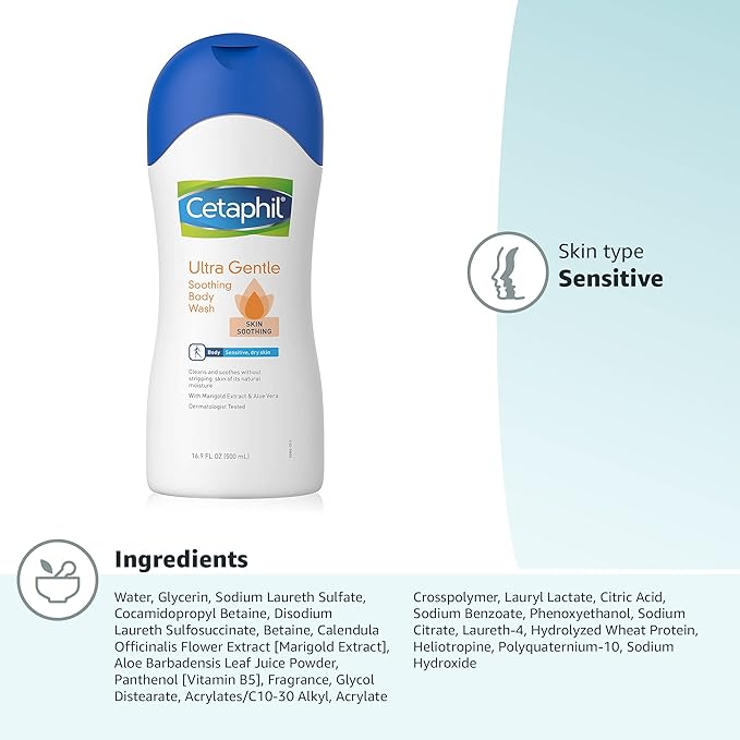 Cetaphil Ultra Gentle Refreshing Body Wash, For Dry to Normal, Sensitive Skin, with Aloe Vera, Calendula, Vitamin B5, Hypoallergenic, Fragrance Free, Dermatologist Tested, 16.9oz (Pack of 2)