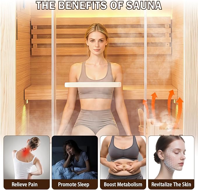 Steam Sauna, 2-4 Person Traditional Indoor Sauna with 3KW/240V Stove Heater | Chilean Pine Wood Sauna Room with Wooden Barrel and Spoon, Sauna Stone, Hygrometer, Cup Holder, LED Lighting, Speaker