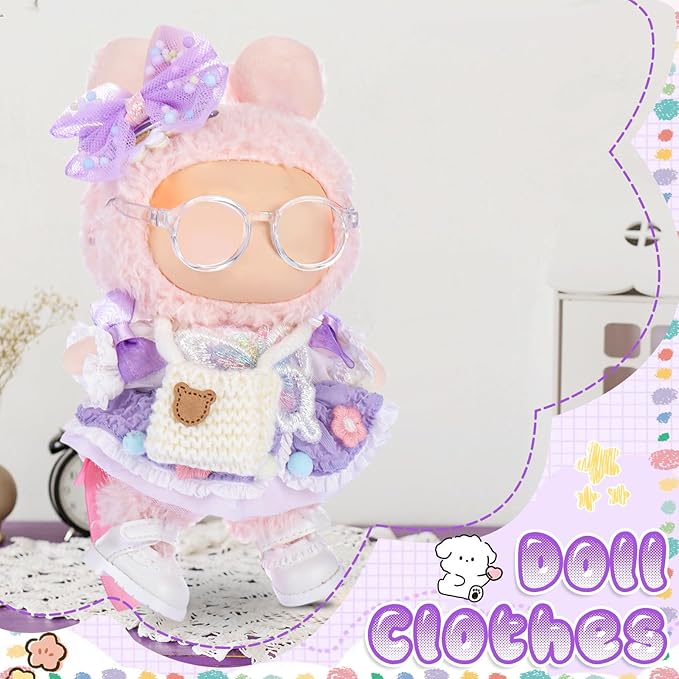 5 Pcs Stylish Set for 17cm Dolls with Fashion Hat, Skirt, Shoes and Sweater Outfit Set, Cute Doll Style Accessories Gift (Elegant,Purple)