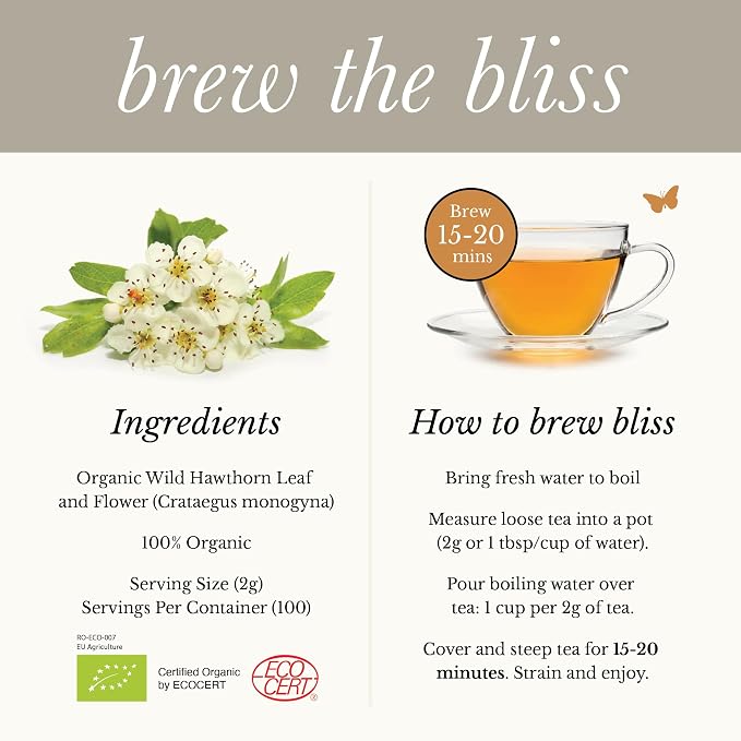 Wild Bliss Organic Hawthorn Tea - Caffeine Free Loose Leaf and Flower Herbal Tea - Pharmacopoeia Potency - 100 Servings