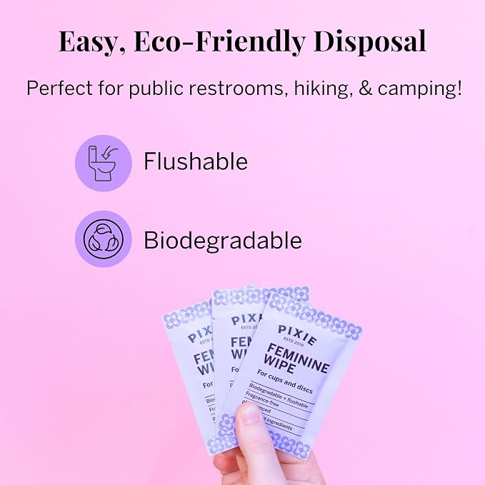 Pixie Feminine Wipes - Flushable, Biodegradable, & Ph Balanced - Individually Wrapped Packet Wipes for On The Go & Public Bathrooms - Wash & Cleaner For Your Menstrual Cups & Discs (2 Packs of 20)
