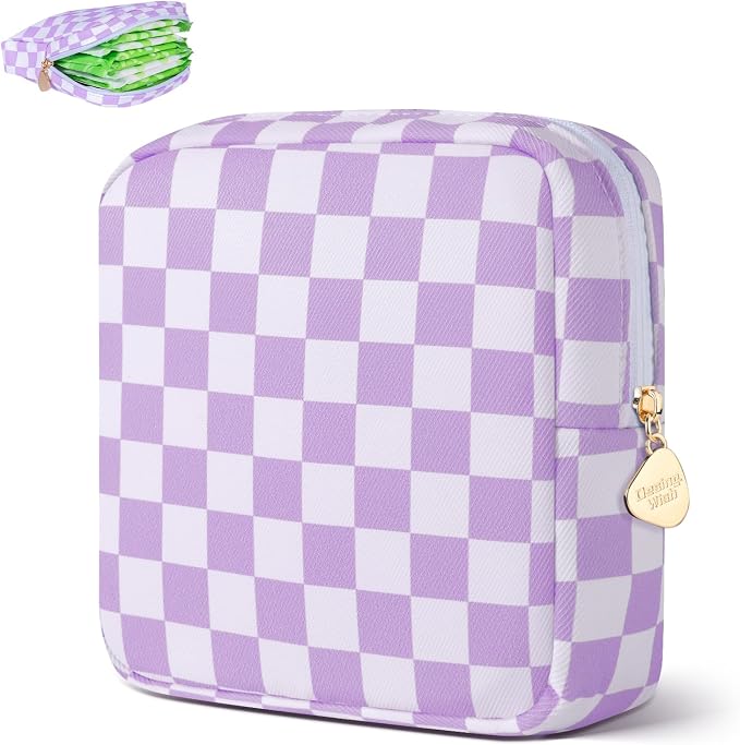 Period Bag Pouch Soft Cloth Sanitary Napkin Storage Bag Portable Menstrual Pad Pouches Tampon Holder for Purse First Period Kit for Girls 9-12 (Purple-White Check)