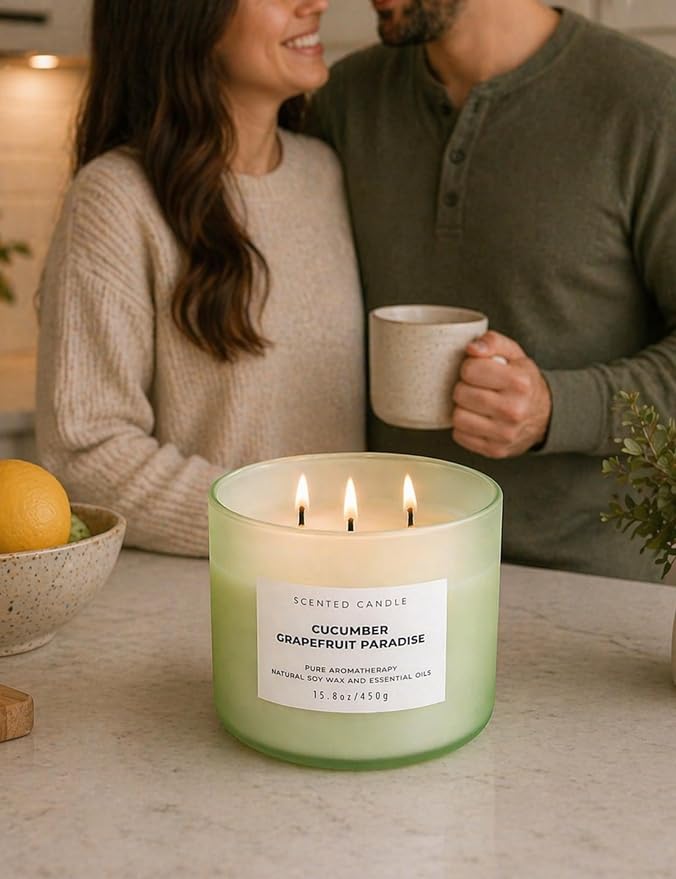 Cucumber Grapefruit Melon 3-Wick Soy Summer Scented Candle for Home 15.8oz | Citrus, Apple & Green Notes, Crisp & Fresh, Clean Burn, Large Scented Candles for Bedroom, Bathroom & Spa, Gift for Women
