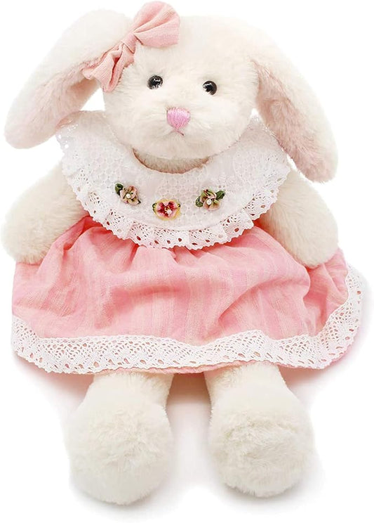 Small Soft Stuffed Animal Bunny Rabbit Plush Toy for Baby Girls 15inch (White Rabbit Wearing Pink Lace Dress)