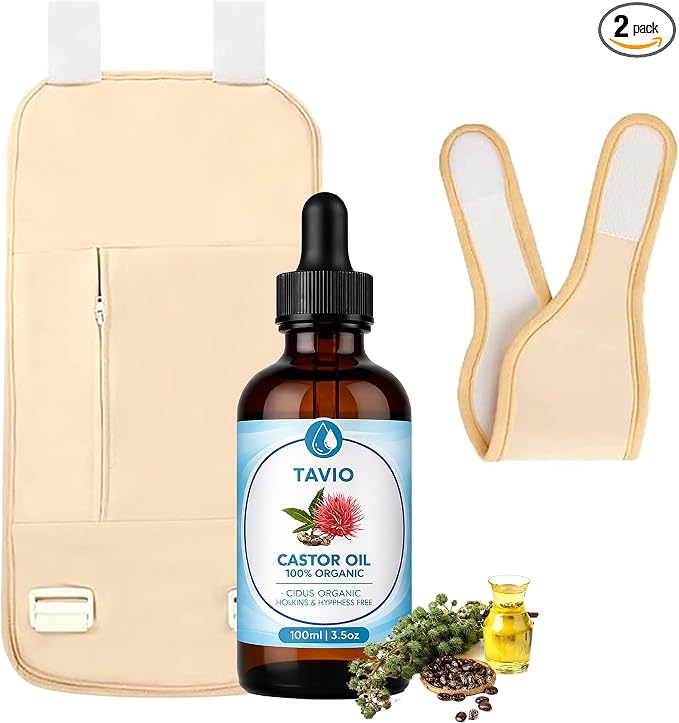 Tavio Castor Oil Pack Wrap Kit - Celara Reusable Organic Cotton Flannel Wrap for Body Comfort & Relaxation, Adjustable Wellness Pack for Stomach, Neck, Knee & Back, Hot or Cold Compress Compatible (2)