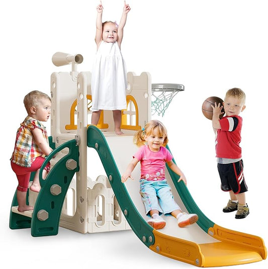 Toddler Slide for Kids with Climber Basketball Hoop, Storage Space, Telescope Kids Indoor Slide Baby Slide for Outdoor Play Upgraded Toddler Indoor Playground with Wider and Longer Slideway Upgraded