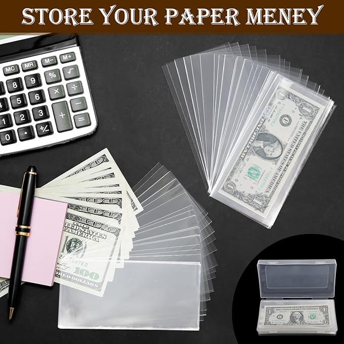 200 Pieces Dollar Bill Holder with Storage Box, 6.8 x 3.18 inch Clear Paper Money Sleeves,Currency Sleeves, Silver Dollar Coin Holders Organizer for Cash Collectors Banknotes,Stamp