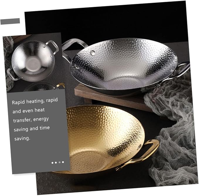 PRETYZOOM Double Handle Hammered Wok Pot Stainless Steel Cooking Pan for Korean BBQ and Home Use Small Metal Kitchen Pot with Sturdy Construction