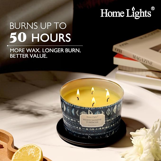 HomeLights Scented Candles for Women & Men, 18oz Candle Jars Aromatherapy 4-Wick Candle, Ideal for Bohemian Natural Textures Home Decor and Gifts, White Jasmine Tuberose