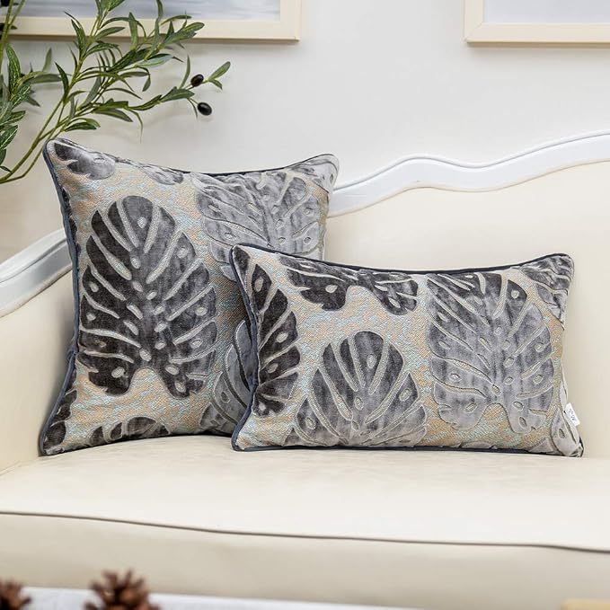 Alerfa 12 x 20 Inch Rectangle Leaf Pillow Embroidery Cut Velvet Cushion Case Luxury Modern Lumbar Throw Pillow Cover Decorative Pillow for Couch Sofa Living Room Bedroom Car, Gray Silver