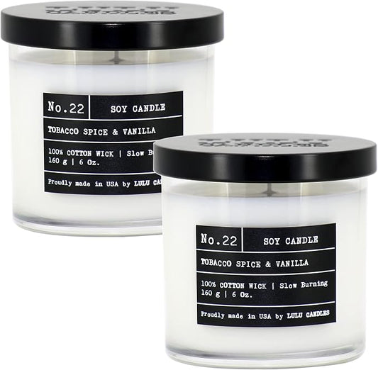Lulu Candles | Tobacco, Spice & Vanilla | Luxury Scented Soy Jar Candle | Hand Poured in The USA | Highly Scented & Long Lasting- 6 Oz. 2 Pack
