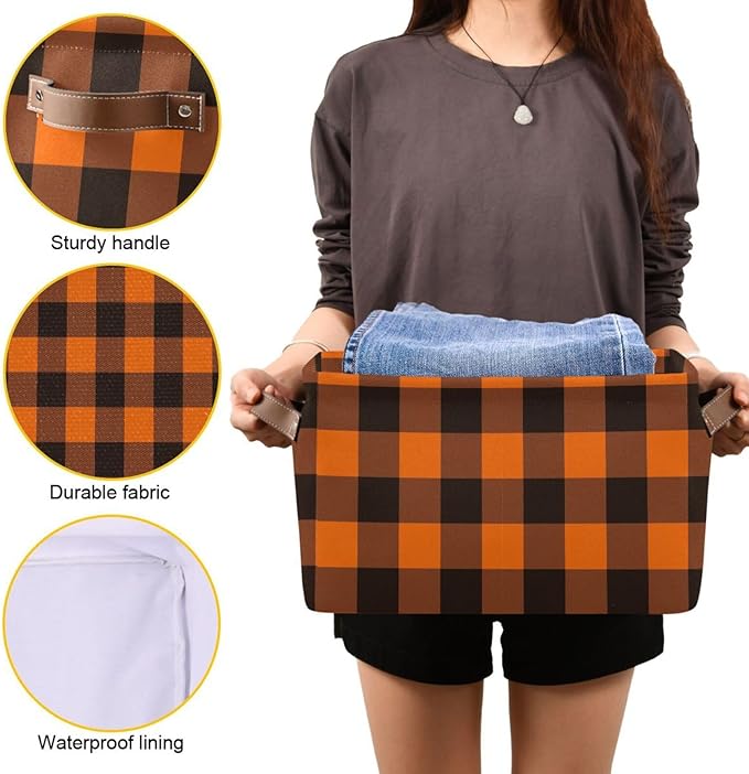 Aslsiy Storage Basket Orange Black Plaid Nursery Bins Baby Box Canvas Clothes Shelf Basket Laundry Hamper Gift Basket for Home Closet 1 Pcs