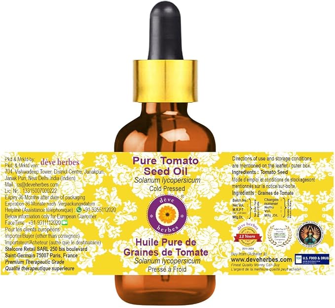Deve Herbes Pure Tomato Seed Oil (Solanum lycopersicum) with Glass Dropper Cold Pressed 15ml (0.50 oz)