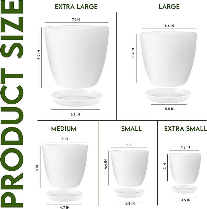Plant Pots Indoor with Drainage, 5 Pack Multi-Size Planters Set, White | Drainage holes included Multiple sizes 7/6.6/6/5.3/4.8 In Indoor plants and flowers Durable plastic construction