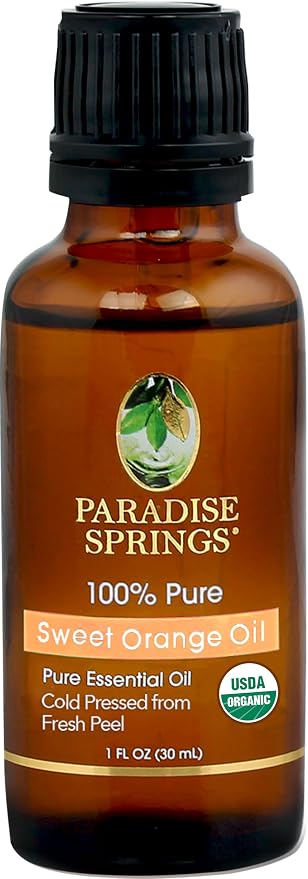 Paradise Springs Organic Sweet Orange Essential Oil, 100% Pure and Natural Organic Sweet Orange Essential Oil for Diffusers for Home Aromatherapy, Massage, Humidifiers, 1fl oz (30ml)
