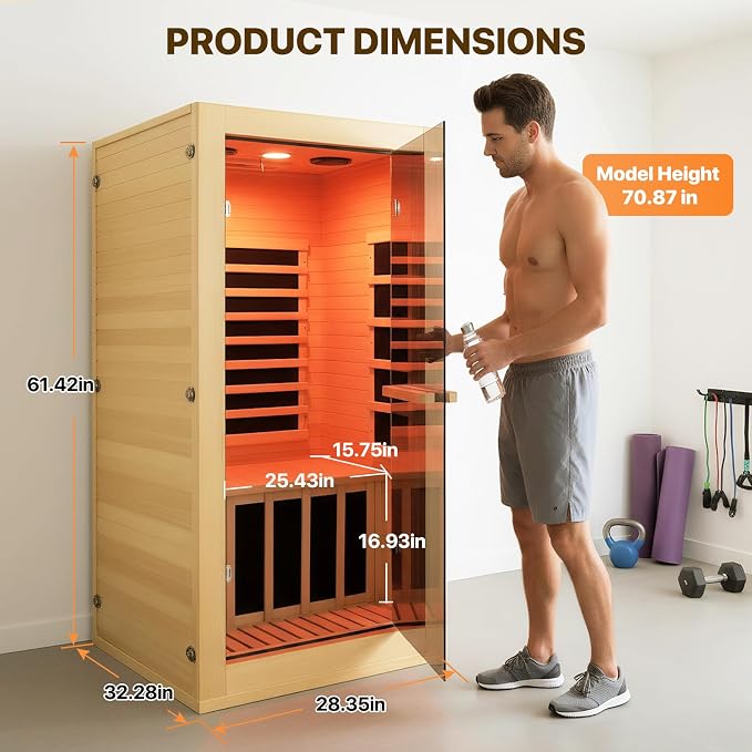 OUTEXER Infrared Sauna Room Indoor Saunas Home Obeche Wood 900W Low-EMF Dry Saunas Single Person Spa with 7 Color Light 32.3 * 28.3 * 61.4 inch