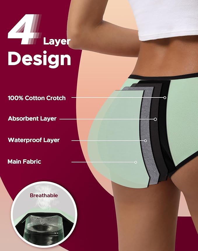 INNERSY Period Underwear for Women Teens Leak-Proof Menstrual Cotton Protective Hipster Panties 3-Pack