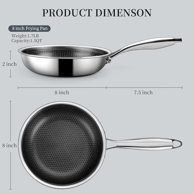 Innerwell 8" Non Stick Frying Pans,Stainless Steel Nonstick Frying Pan | Honeycomb nonstick coating, PFOA-free & non-toxic. Compatible with All Stoves, Easy to clean.Oven &Dishwasher Safe