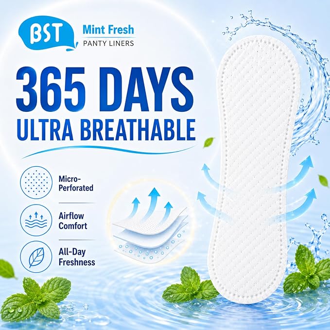 BST Mint Fresh Wingless Panty Liners for Women, Invisible Breathable Ultra Thin Daily Pantiliner, Odor Fighting, Daily Feminine for Light Flow (6.1 Inch 80 Count, Packaging May Vary)