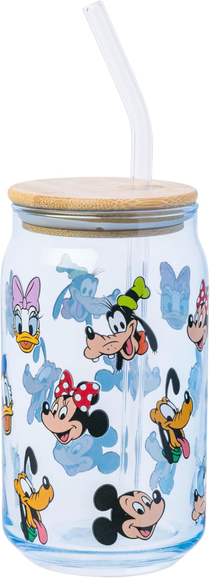 Silver Buffalo Mickey and Friends Pattern Glass Tumbler with Bamboo Lid and Glass Straw Featuring Minnie Mouse, Pluto, Goofy, Daisy Duck, Donald Duck, and Mickey Mouse, 16 Ounces